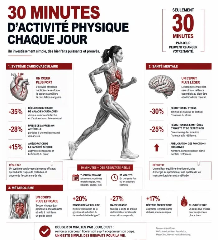 Infographie sur les bienfaits de 30 minutes de sport par jour pour la santé