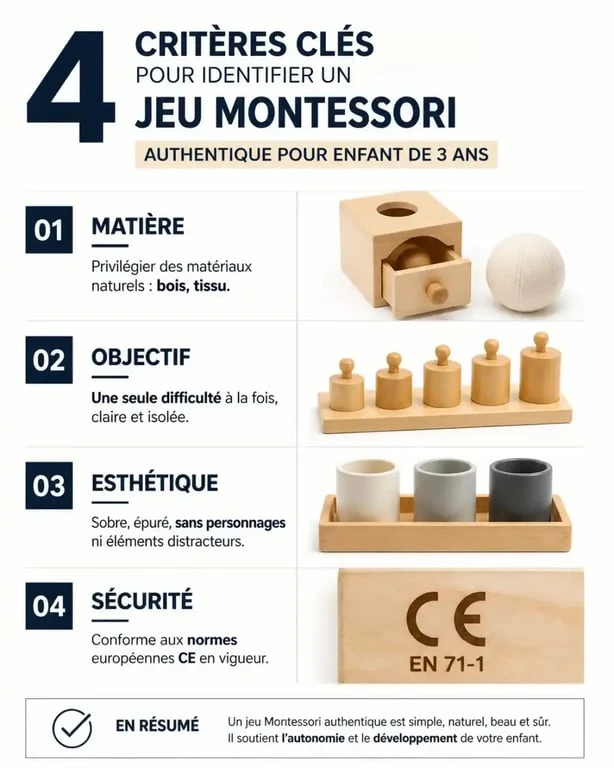 Infographie des critères pour choisir des jeux Montessori pour enfant de 3 ans