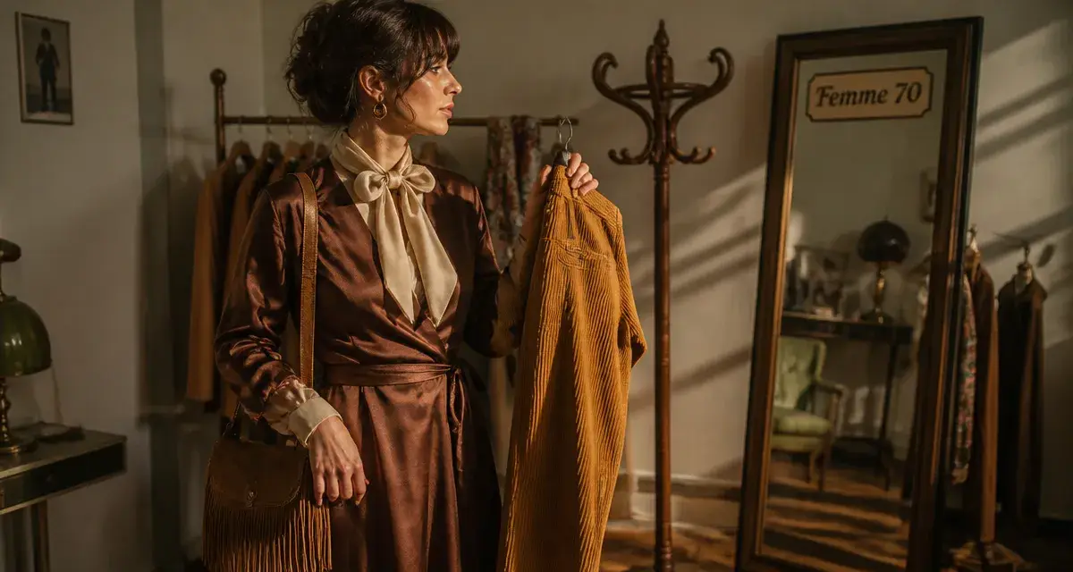 Femme année 70 en mode années 70, pantalon pattes d’eph et franges