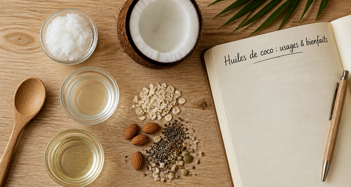 huile de noix de coco dans trois bols sur table