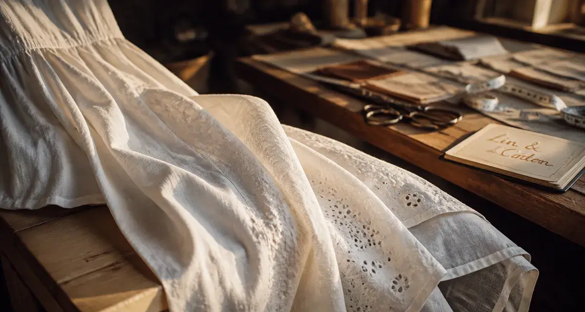 Longue robe blanche été en lin et coton, texture et broderie anglaise