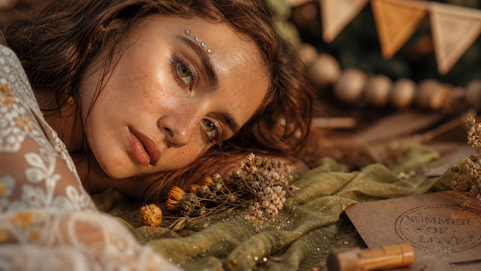 Maquillage hippie sun-kissed graphique, peau pêche et strass