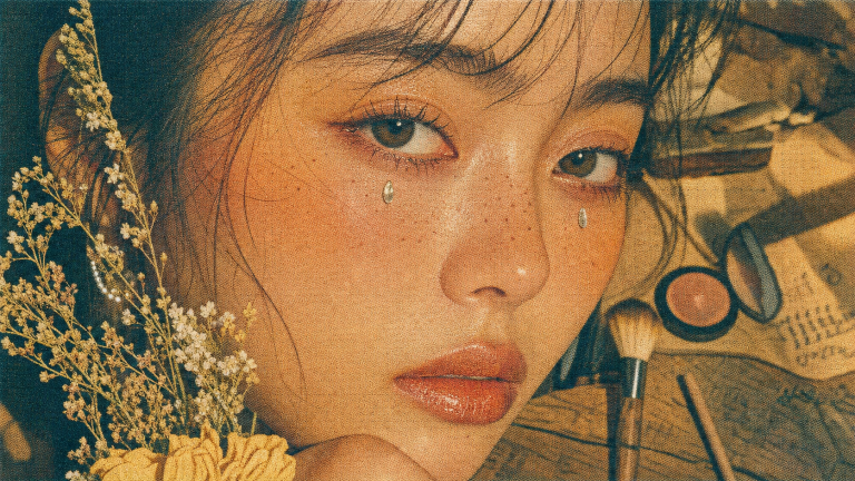 Maquillage hippie sun-kissed graphique : visage au blush pêche et fausses taches de rousseur