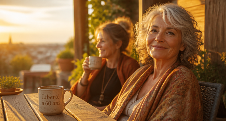 que veulent les femmes de 60 ans amies terrasse coucher de soleil