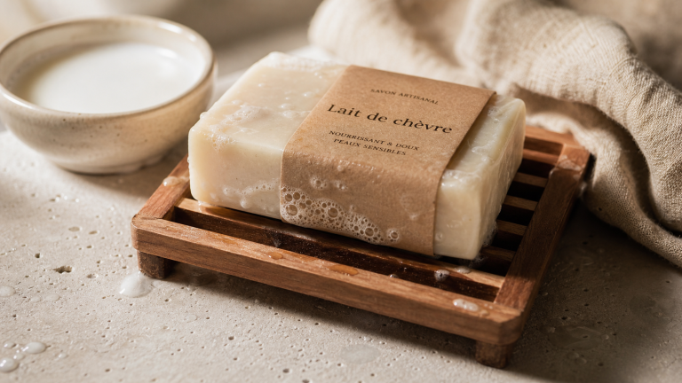 Savon lait de chèvre bienfaits pour peaux fragiles, gros plan artisanal