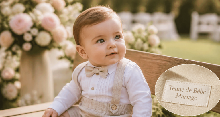 tenue bebe mariage elegante sur banc bois jardin
