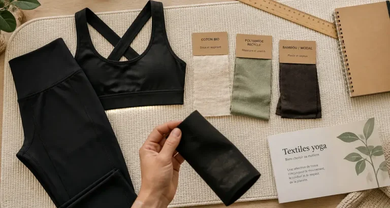Tenue de yoga pour femme : échantillons de tissus et test sur tapis