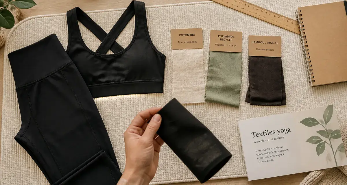 Tenue de yoga pour femme : échantillons de tissus et test sur tapis