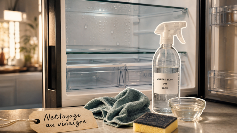 Vinaigre blanc nettoyage frigo : chiffon microfibre et spray