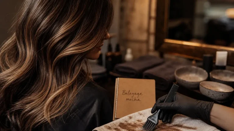 Balayage pour chatain foncé : mèches caramel et moka, cheveux en dégradé naturel
