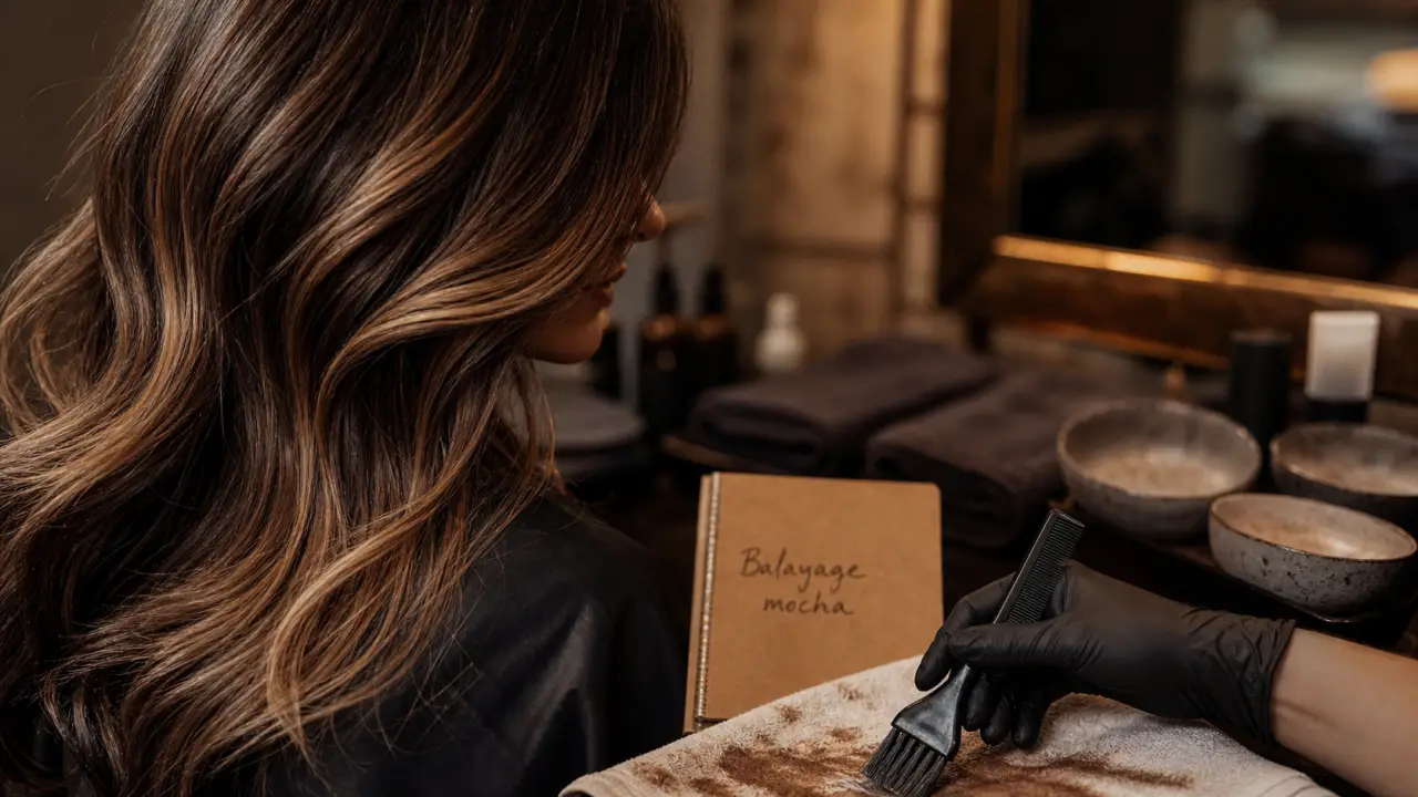 Balayage pour chatain foncé : mèches caramel et moka, cheveux en dégradé naturel