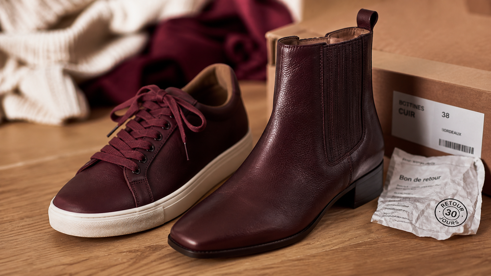 Chaussure bordeaux femme sur parquet clair, vue rapprochée