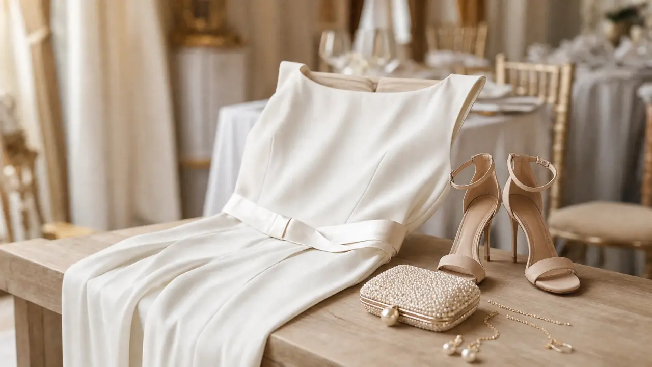 Combinaison pour mariage ivoire en crêpe fluide, ceinture satin et escarpins nude