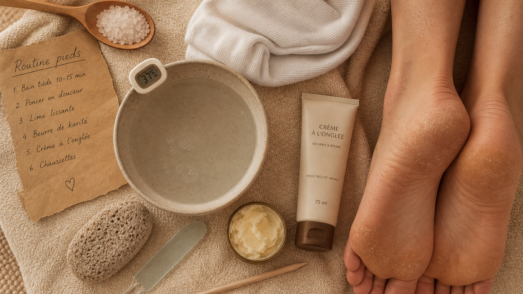 Comment avoir de beaux pieds : routine pieds maison, eau tiède, pierre ponce, crème à l’onglée