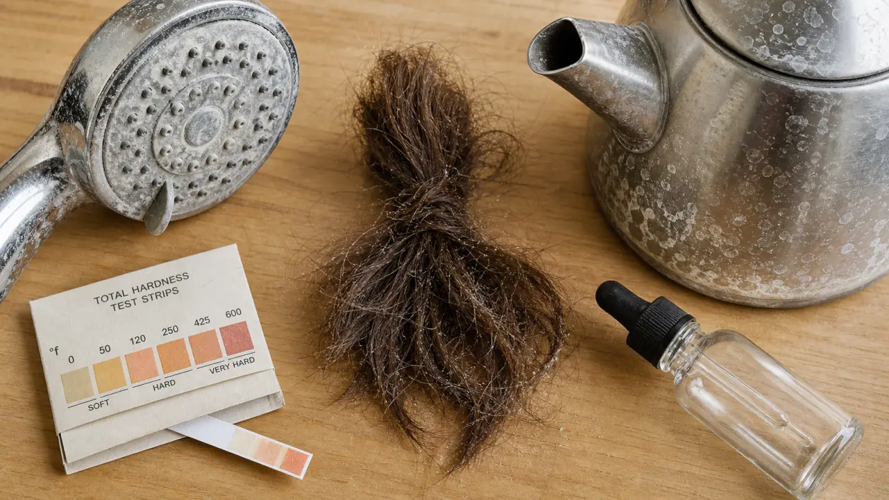 Eau calcaire cheveux : film minéral blanchâtre sur cheveux secs