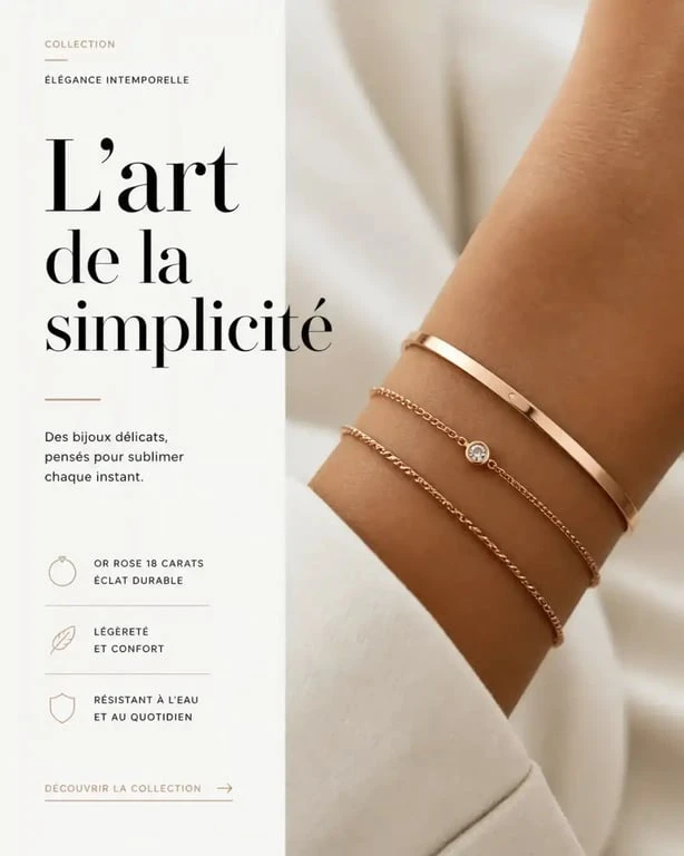 Bracelet en or rose porté au poignet, accumulation de bijoux en or rose 18 carats.