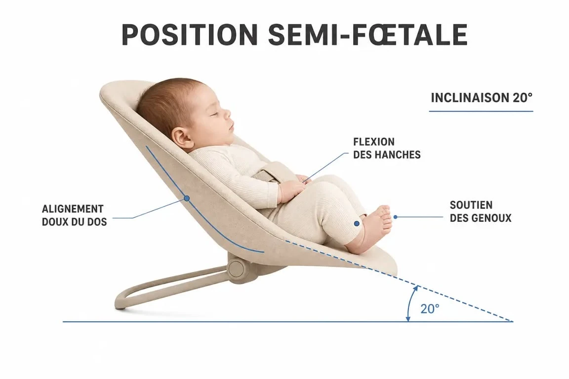 Schéma explicatif de la position semi-fœtale et de l'inclinaison du Cocoonababy pour le confort du nouveau-né