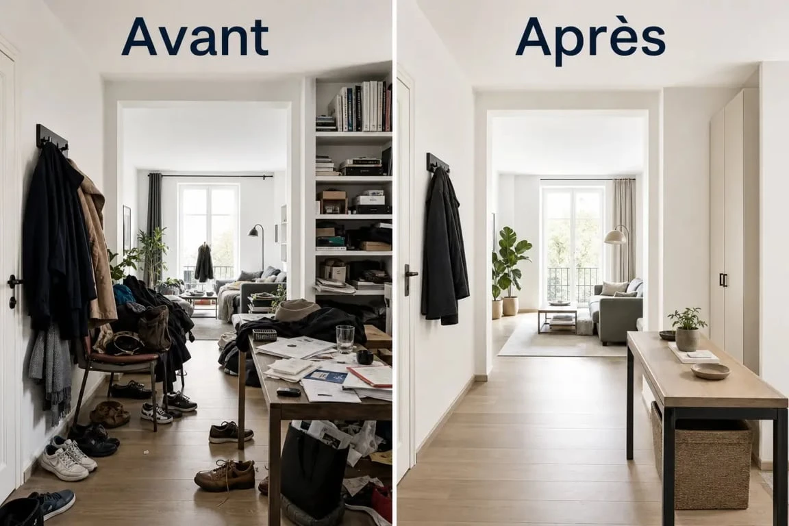 Désencombrer sa maison avant apres avec un salon transformé de l’encombrement à un intérieur épuré