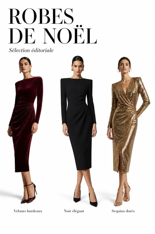 Robe noel en velours, noire et à sequins dorés présentées dans une illustration éditoriale de mode