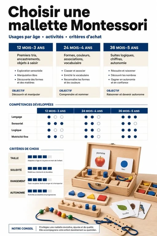 Comparatif visuel d’une malette montessori selon l’âge, le type d’activité et les bénéfices éducatifs