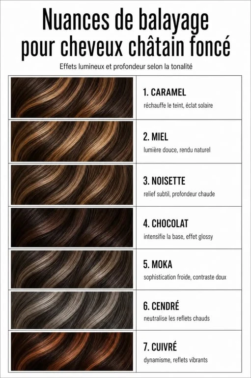 Nuances de balayage pour cheveux châtain foncé : guide des couleurs caramel, miel, noisette et moka pour illuminer votre chevelure.