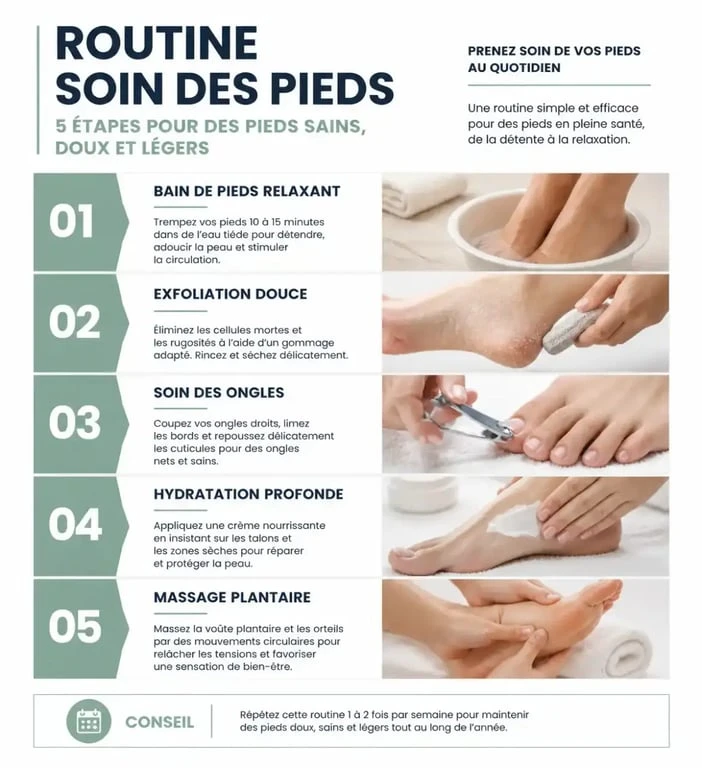 Infographie illustrant la routine idéale pour avoir de beaux pieds : 5 étapes de soins essentiels
