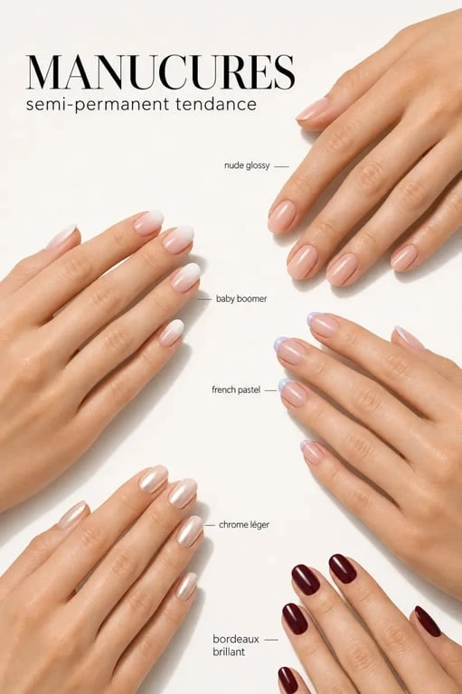 Idées ongle semi permanent : plusieurs styles de manucure semi-permanente tendance en composition éditoriale