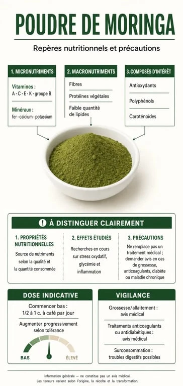 Infographie sur la poudre de moringa bienfait, avec ses nutriments, ses effets nutritionnels et ses précautions