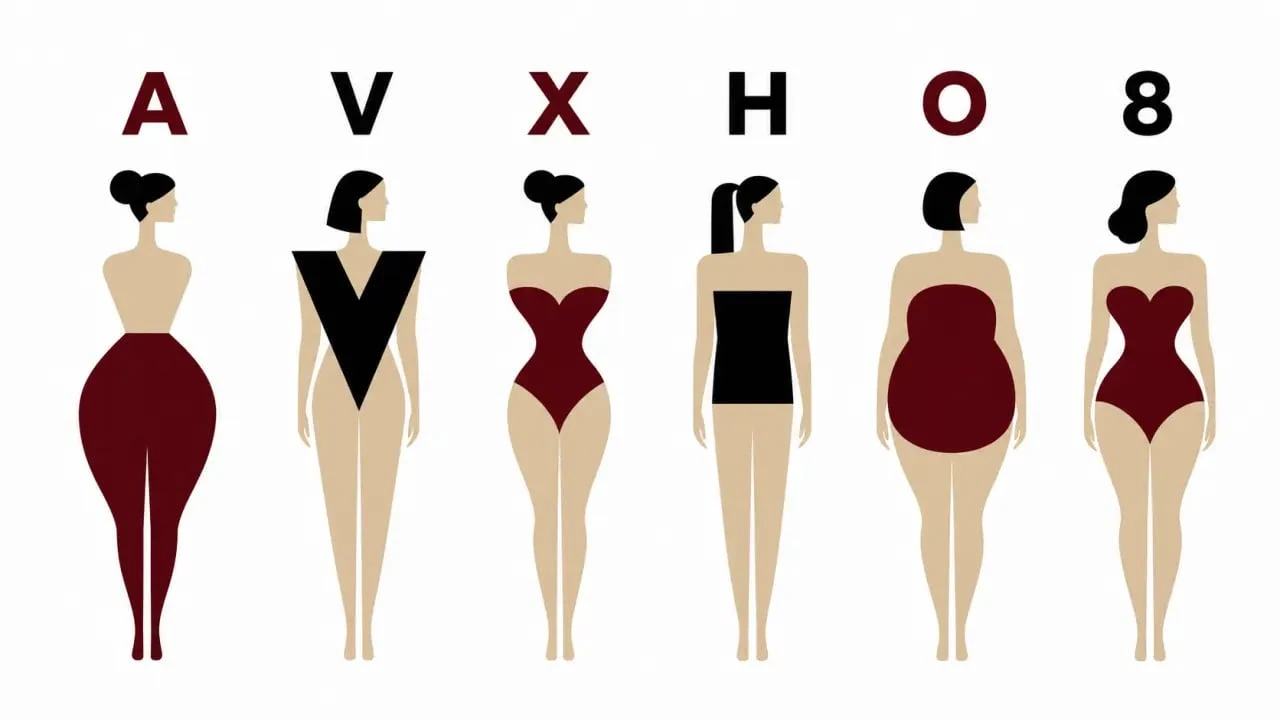 Schéma des type de morphologie femme A, V, X, H, O et 8 pour reconnaître sa silhouette