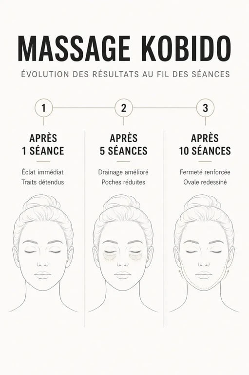 Infographie montrant l'évolution des résultats avant après d'un massage Kobido sur plusieurs séances