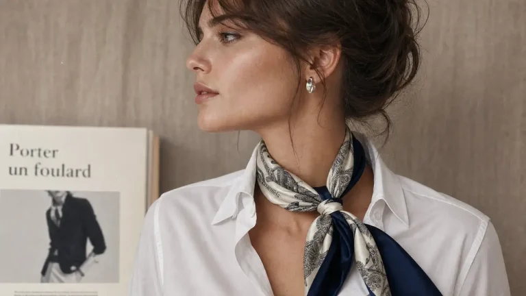 Foulard autour du cou noué façon nœud parisien en soie
