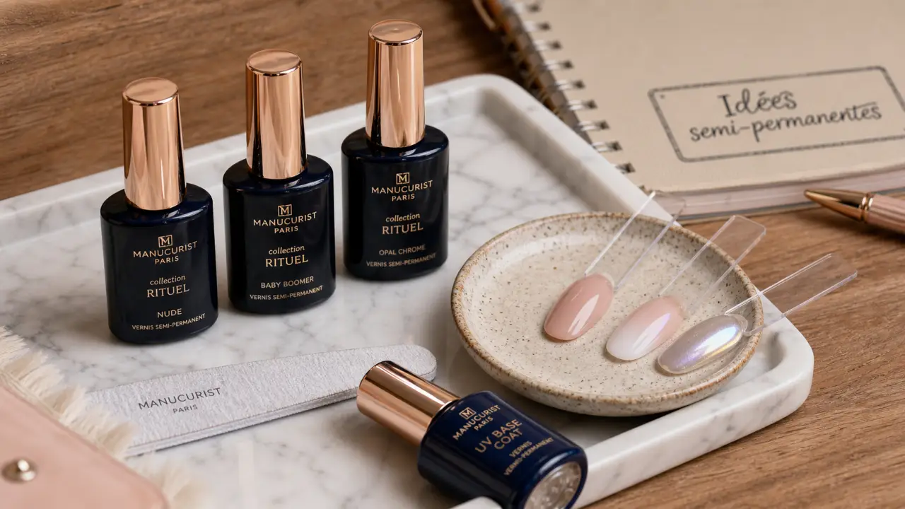 Idee ongle semi permanent nude glossy, baby boomer et chrome opale en semi-permanent