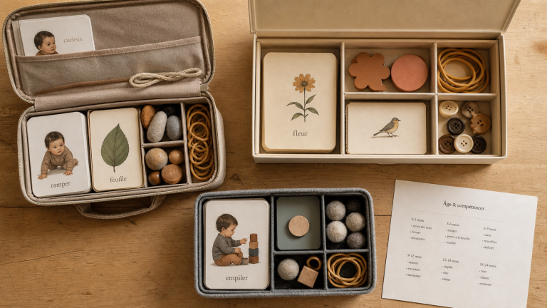 Malette montessori ouverte avec activités par âge : langage et motricité