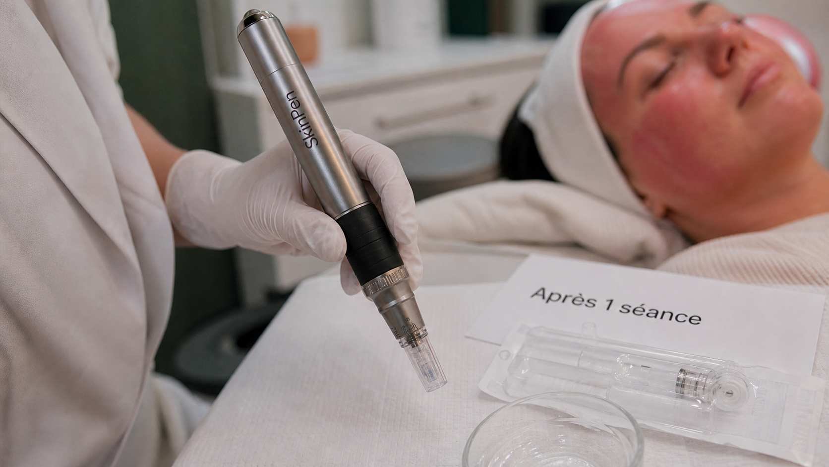 Microneedling avant après 1 séance : peau rosée post-séance visible