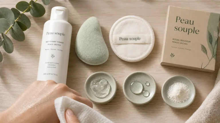 Nettoyant visage peau seche, hydratant sans parfum, sur table bois clair