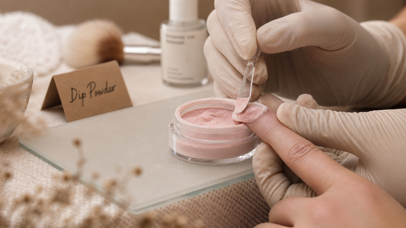 Ongle porcelaine en pose Dip Powder, poudre rose nude sur ongle naturel