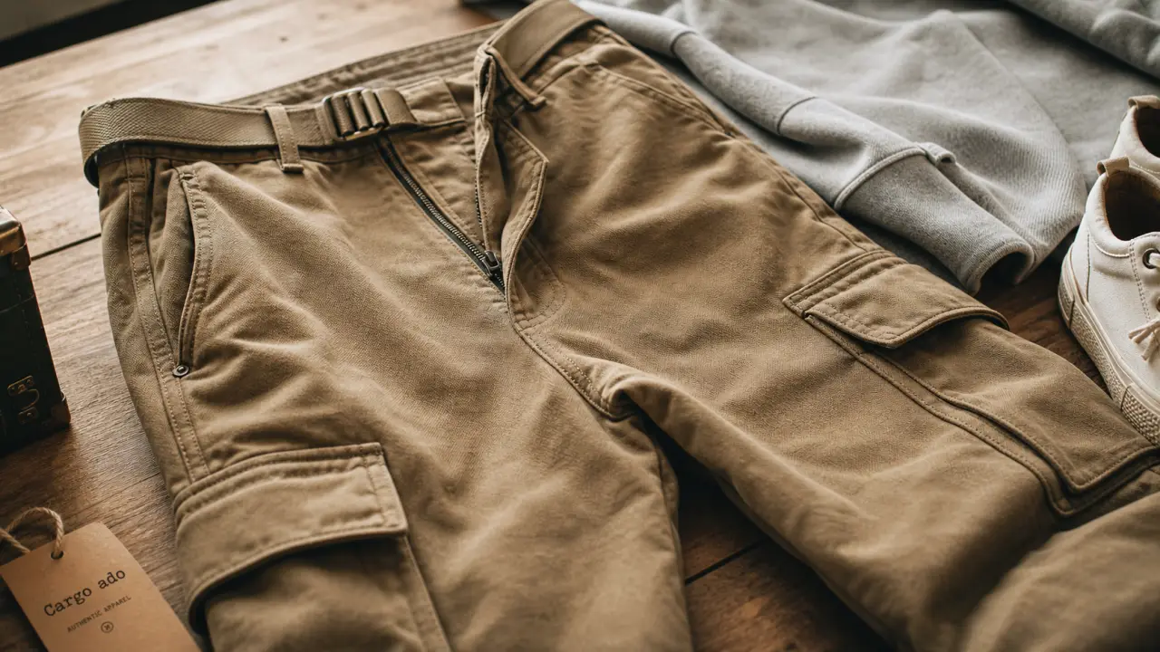 Pantalon cargo ado kaki, poches et ceinture, tailles 10-18 ans