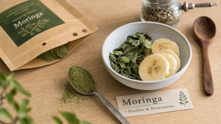 Poudre de moringa bienfait, cuillère de poudre verte sur table en bois