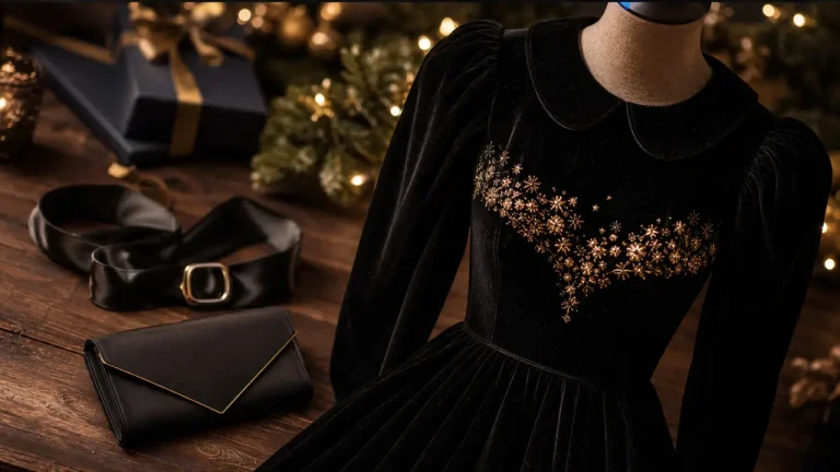 Robe noel femme noire en velours avec paillettes dorées