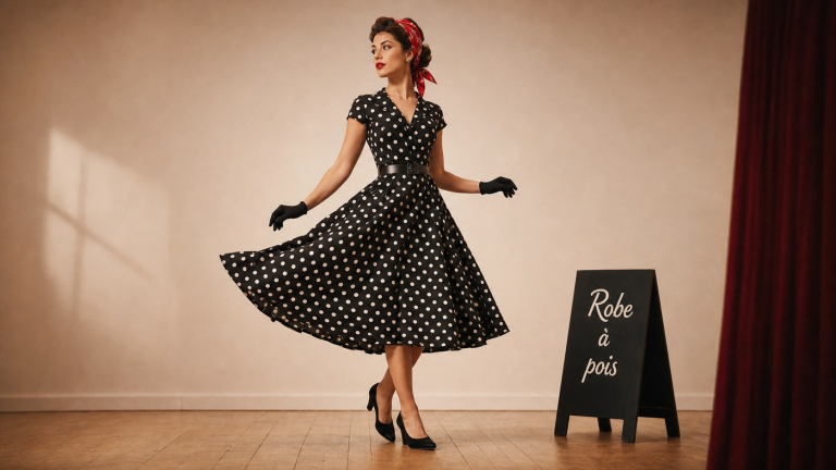 Robe swing années 50 femme à pois blancs, taille ceinturée