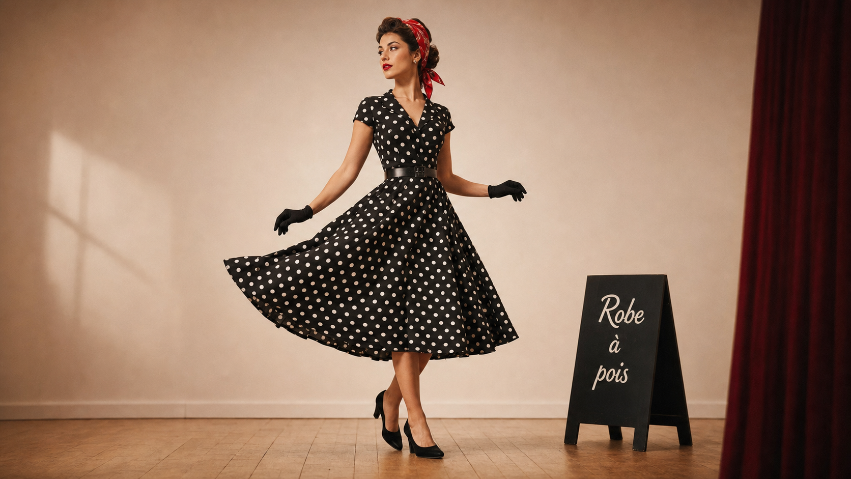 Robe swing années 50 femme à pois blancs, taille ceinturée