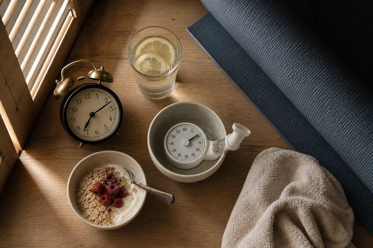 Une routine matinale énergisante : verre d’eau tiède au citron, respiration 4-2-6, tapis de yoga, minuteur
