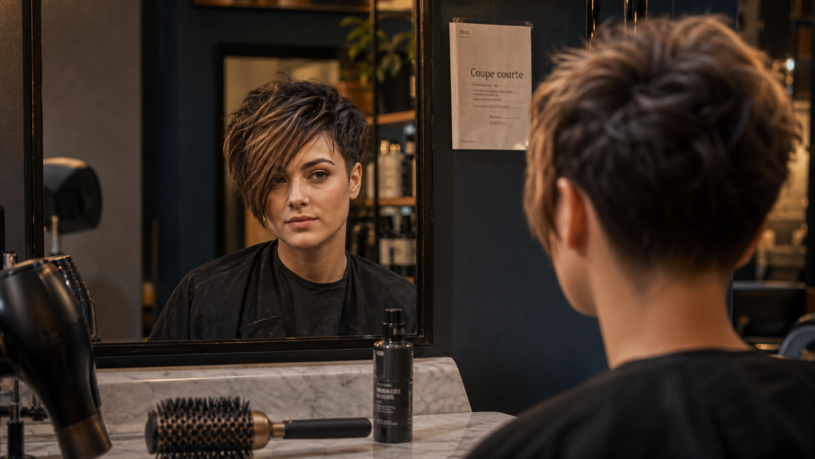 Visage rond moderne coupe courte femme, pixie texturé en salon de coiffure