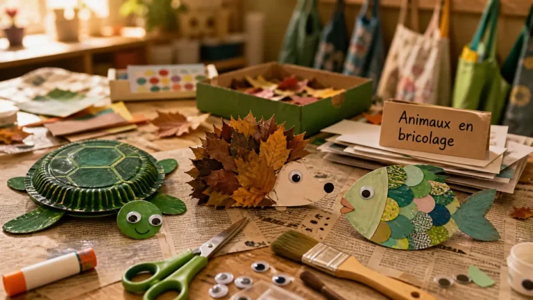 Activité manuelle animaux : tortue, hérisson et poisson en papier et feuilles