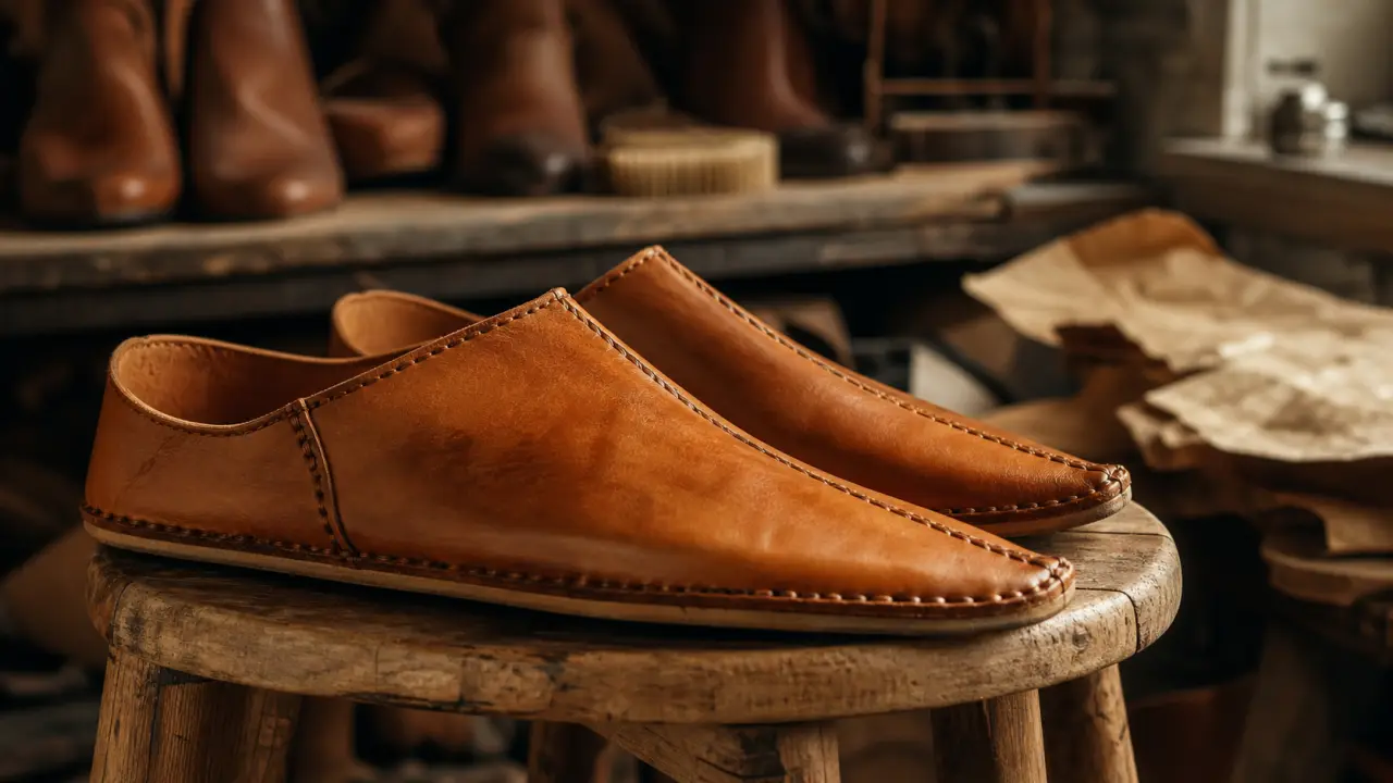 Babouche chaussure en cuir naturel, semelle fine et coutures à la main