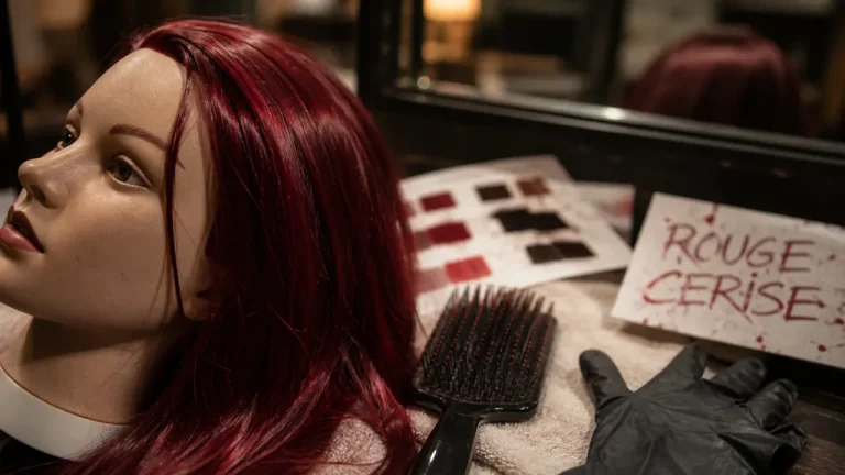 Cheveux rouge cerise lustrés, mèche rubis et nuancier