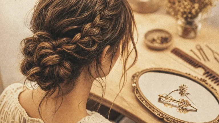 Coiffure bohème simple : chignon bas et tresse décoiffée, vue de dos