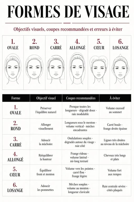 Coupe de cheveux par forme de visage : comparatif visuel des coupes recommandées et à éviter selon la morphologie