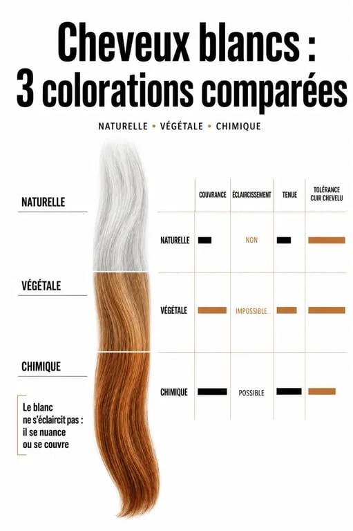 Coloration naturelle des cheveux blancs : comparaison visuelle entre végétale, naturelle et chimique