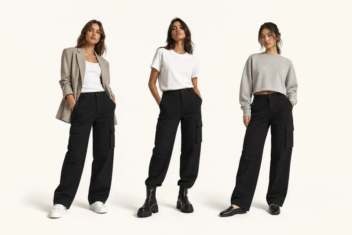 Pantalon cargo femme noir porté avec blazer, sneakers et boots à plateforme dans un look urbain